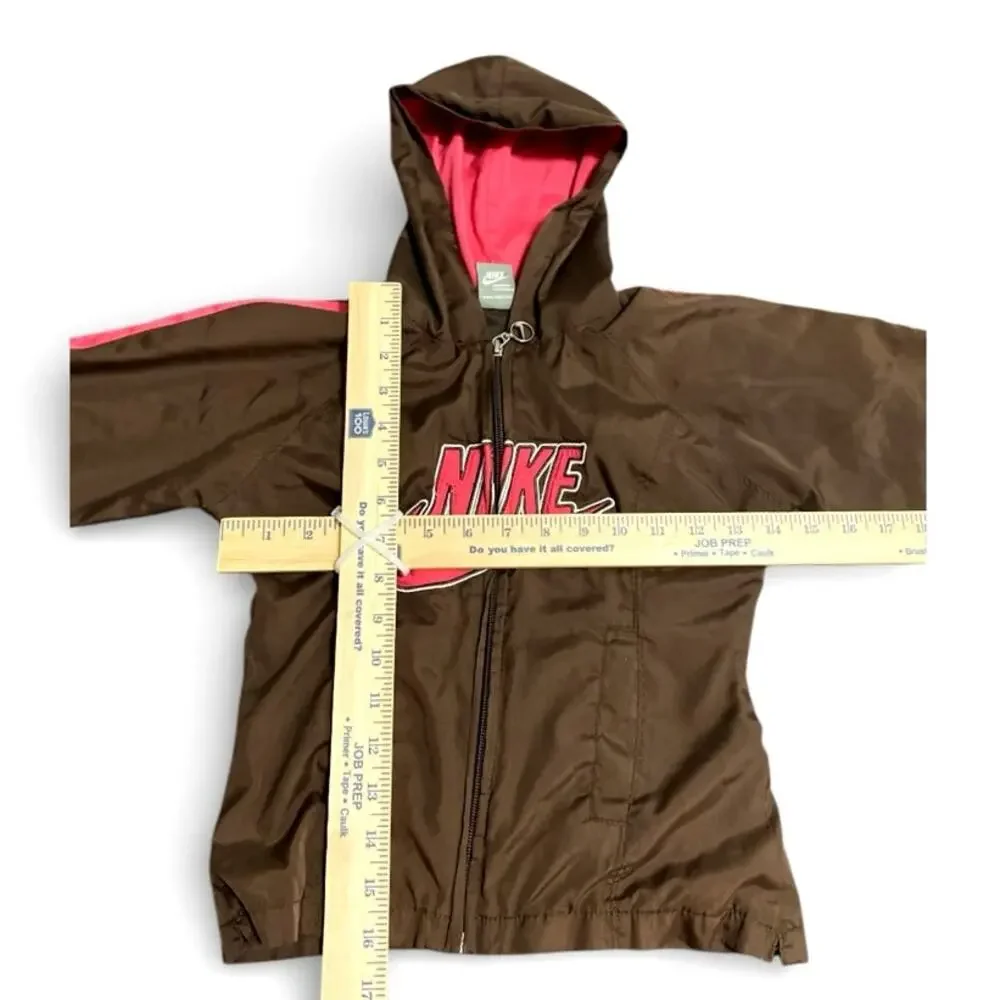 Nike Girl's Hooded Windbreaker Jacket 5 Brown Pink Front Logo Full Zip Up Coat
